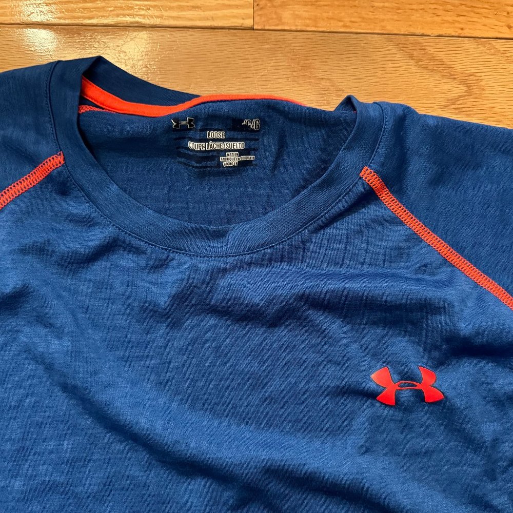 Under Armour Shirt Mens L Blue/ Orange Heatgear Loose Activewear